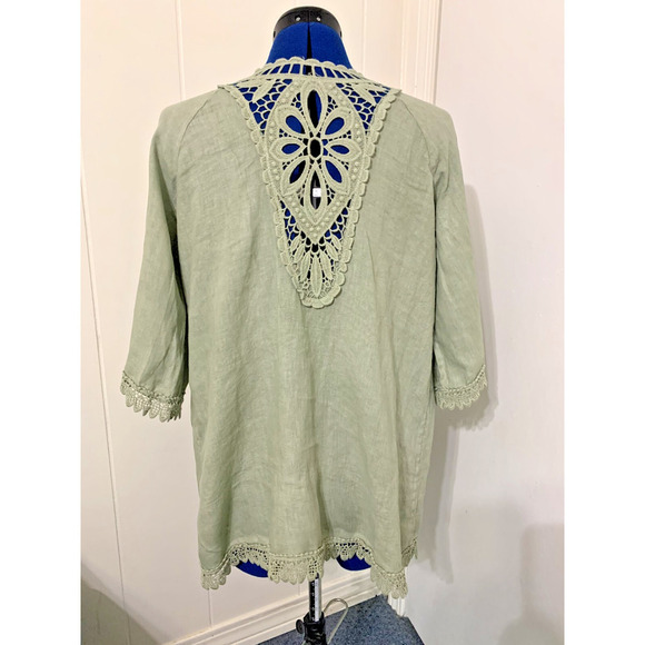 Valentina Naldi Italy Kimono Cardigan 100% Green Linen Crochet Embroidery Sz OS - Picture 3 of 8